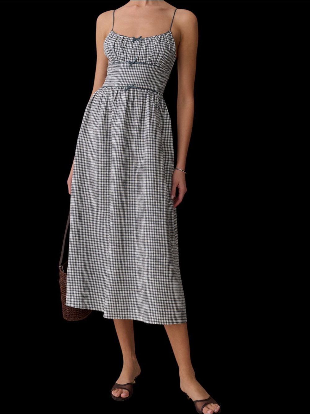 Few Moda Kourt Darya Linen Dress Smocked Gingham Midi Teal Blue Green White NWT